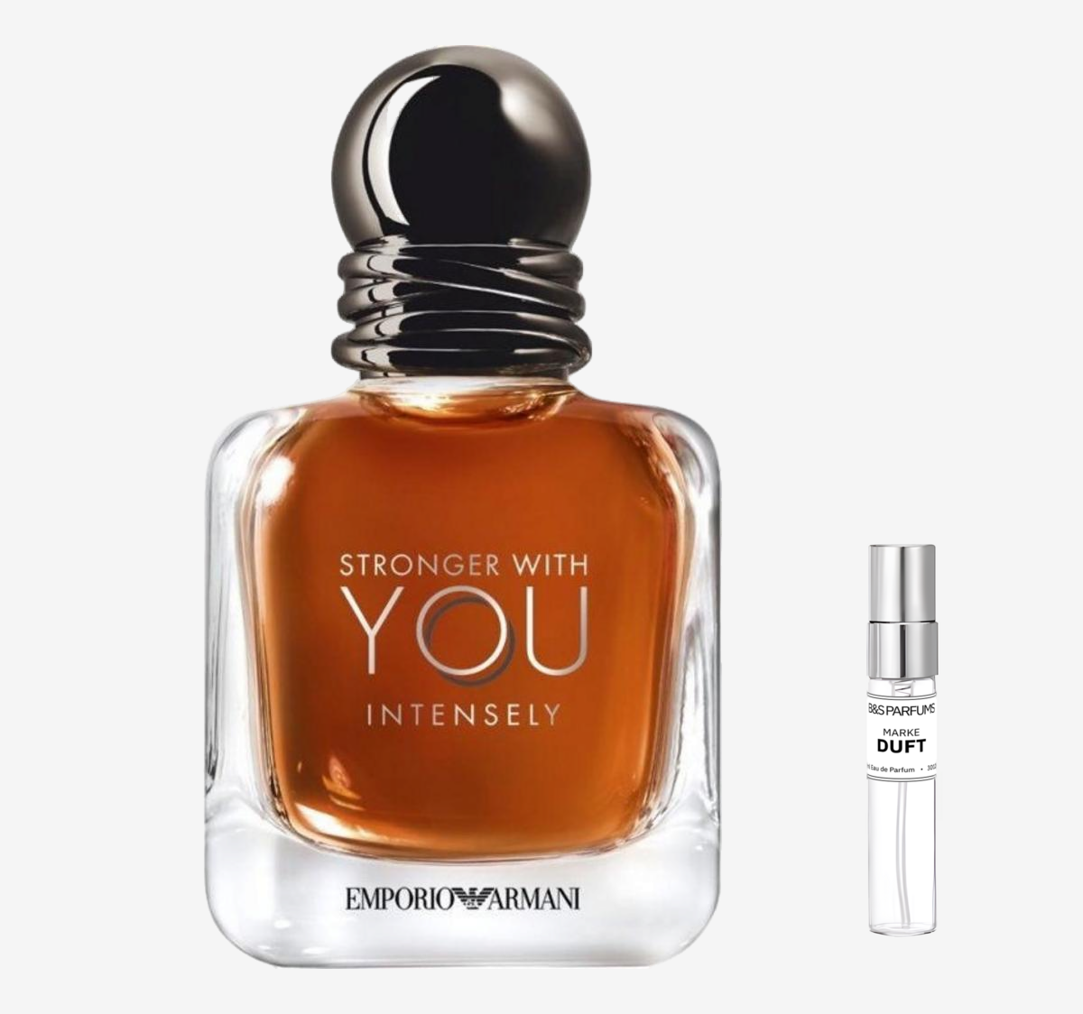 Emporio Armani - Emporio Armani - Stronger with You Intensely Flakon und Probenflakon nebendran