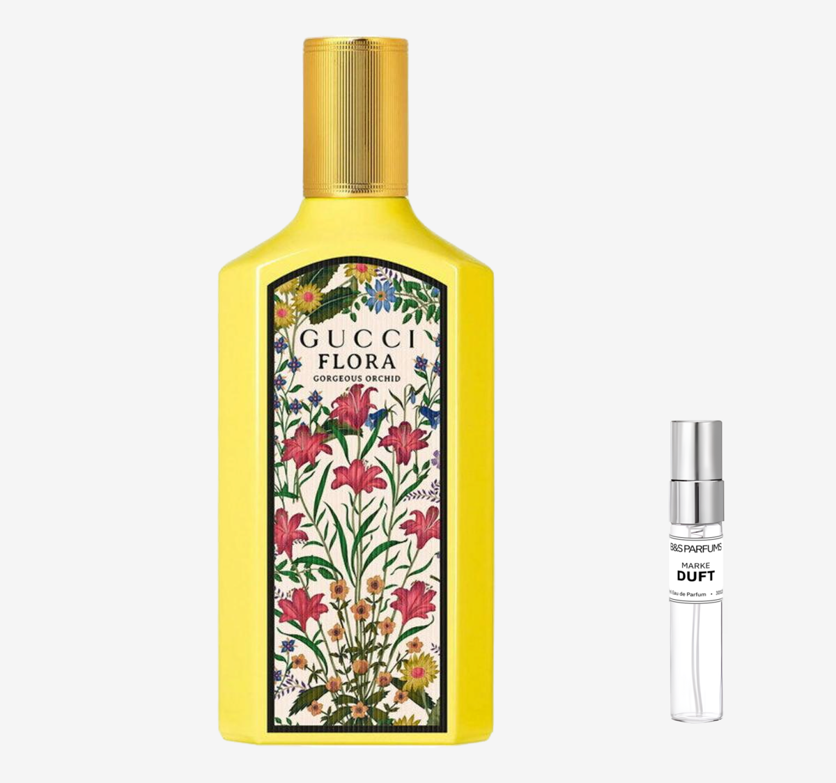Gucci - Flora Gorgeous Orchid Flakon und Probenflakon nebendran