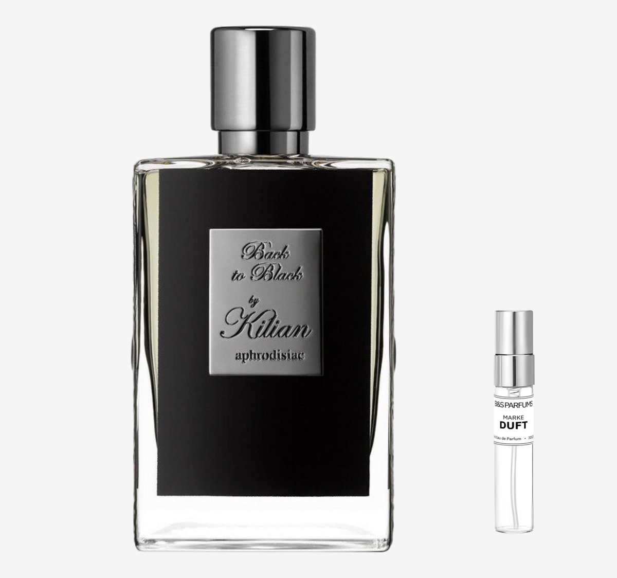 Kilian - Back to Black, Aphrodisiac Flakon und Probenflakon nebendran