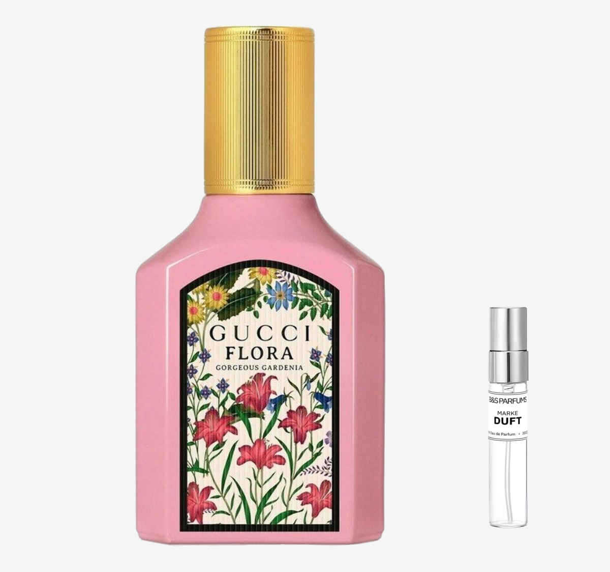 Gucci - Flora Gorgeous Gardenia Flakon und Probenflakon nebendran